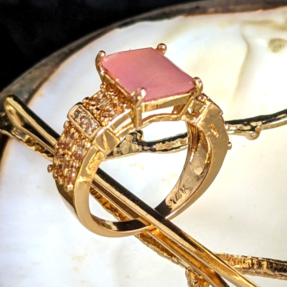 Natural Pink Jade in 14K Yellow Gold Plated - New in Size 7 and 8